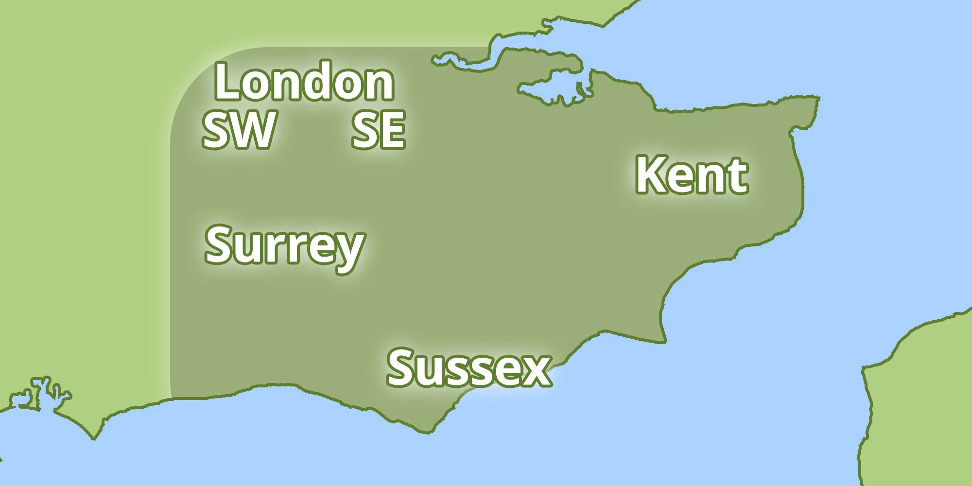 Image of a the areas that we cover; Kent, Sussex, Surrey, South West London, South East London